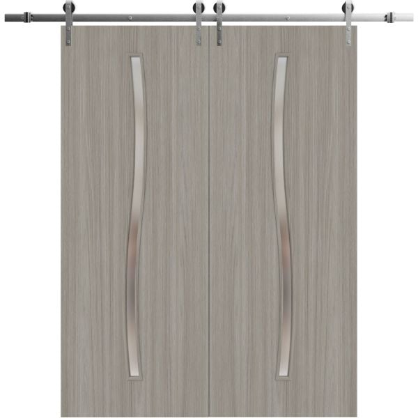 Modern Double Barn Door 36 x 80 inches | BASIC 3002 Oak | 13FT Silver Rail Track Set | Solid Panel Interior Doors