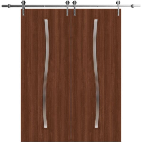 Modern Double Barn Door 72 x 84 inches | BASIC 3002 Walnut | 13FT Silver Rail Track Set | Solid Panel Interior Doors