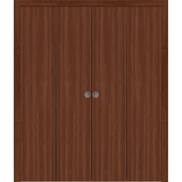 Sliding Closet Double Bi-fold Doors 72 x 80 inches | BASIC 3001 Walnut | Sturdy Tracks Moldings Trims Hardware Set | Wood Solid Bedroom Wardrobe Doors