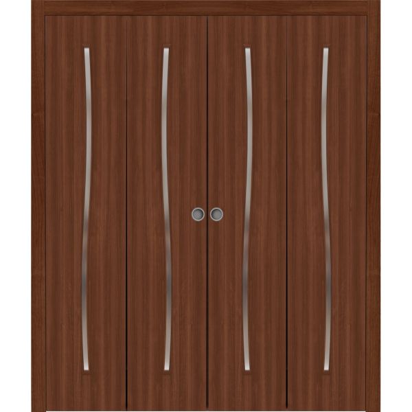 Sliding Closet Double Bi-fold Doors 72 x 80 inches | BASIC 3002 Walnut | Sturdy Tracks Moldings Trims Hardware Set | Wood Solid Bedroom Wardrobe Doors