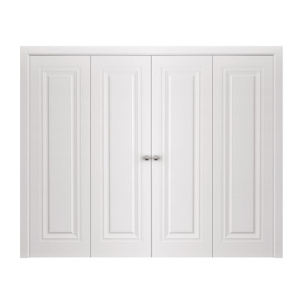 Sliding Closet Double Bi-fold Doors 72 x 80 inches | BASIC 9111 White | Sturdy Tracks Moldings Trims Hardware Set | Wood Solid Bedroom Wardrobe Doors