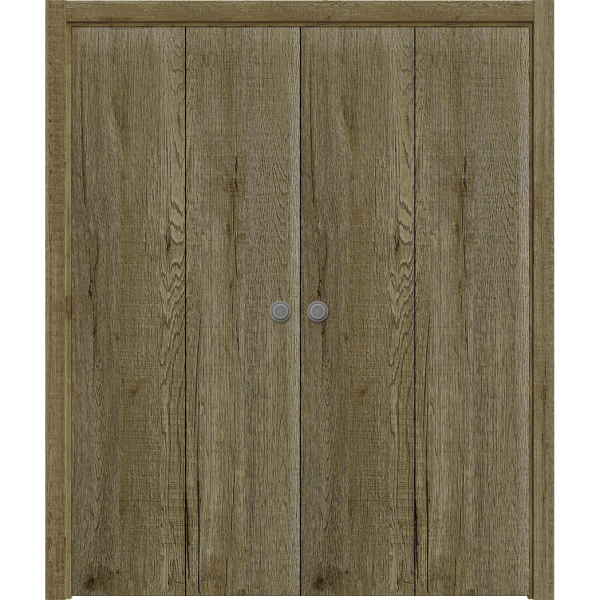 Sliding Closet Double Bi-fold Doors 72 x 80 inches | BASIC 3001 Antique Oak | Sturdy Tracks Moldings Trims Hardware Set | Wood Solid Bedroom Wardrobe Doors