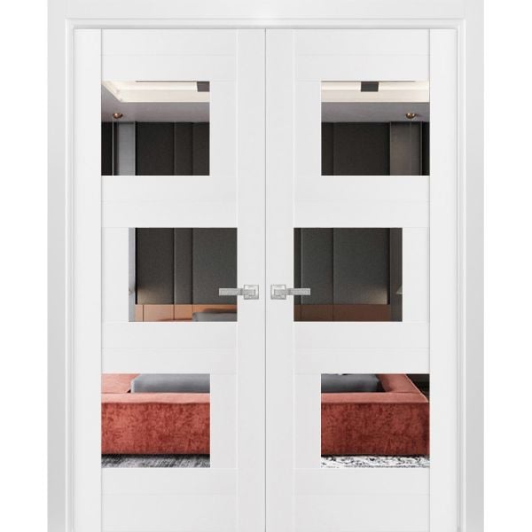 Solid French Double Doors / Sete 6999 White Silk with Mirror / Wood Solid Panel Frame / Closet Bedroom Modern Doors-36" x 80" (2* 18x80)