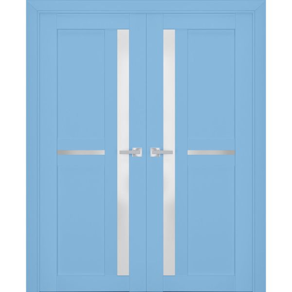 Interior Solid French Double Doors Frosted Glass | Veregio 7288 Aquamarine | Wood Solid Panel Frame Trims | Closet Bedroom Sturdy Doors 