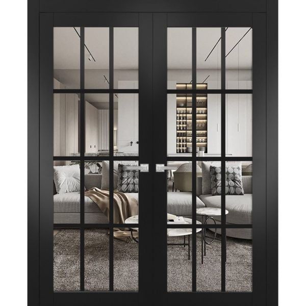 Solid French Double Doors | Felicia 3355 Matte Black with Clear Glass | Wood Solid Panel Frame Trims | Closet Bedroom Sturdy Doors 