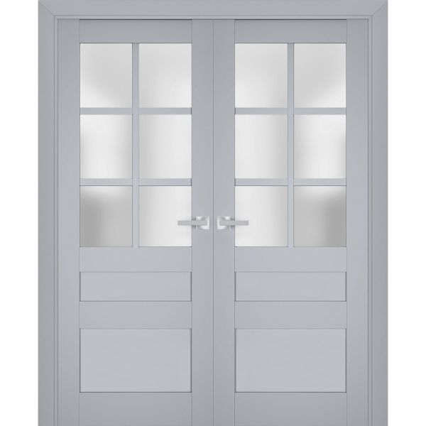 Interior Solid French Double Doors Frosted Glass | Veregio 7339 Matte Grey | Wood Solid Panel Frame Trims | Closet Bedroom Sturdy Doors 