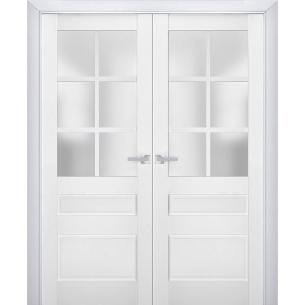 Interior Solid French Double Doors Frosted Glass | Veregio 7339 White Silk | Wood Solid Panel Frame Trims | Closet Bedroom Sturdy Doors 