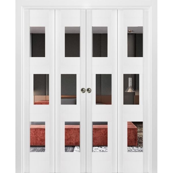 Sliding Closet Double Bi-fold Doors | Sete 6999 White Silk with Mirror | Sturdy Tracks Moldings Trims Hardware Set | Wood Solid Bedroom Wardrobe Doors 