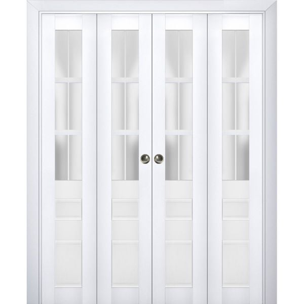 Sliding Closet Double Bi-fold Doors | Veregio 7339 White Silk with Frosted Glass | Sturdy Tracks Moldings Trims Hardware Set | Wood Solid Bedroom Wardrobe Doors 