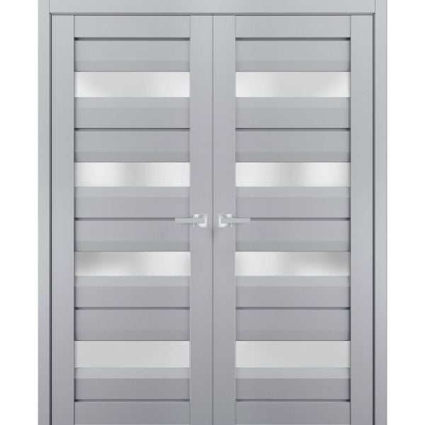 Interior Solid French Double Doors Frosted Glass | Veregio 7455 Matte Grey | Wood Solid Panel Frame Trims | Closet Bedroom Sturdy Doors 