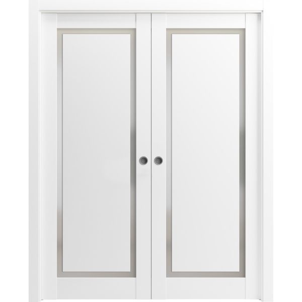 Modern Double Pocket Doors | Planum 0888 Painted White with Frosted Glass | Kit Trims Rail Hardware | Solid Wood Interior Bedroom Sliding Closet Sturdy Door