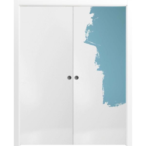 Modern Double Pocket Doors | Planum 0010 Primed | Kit Trims Rail Hardware | Solid Wood Interior Bedroom Sliding Closet Sturdy Door