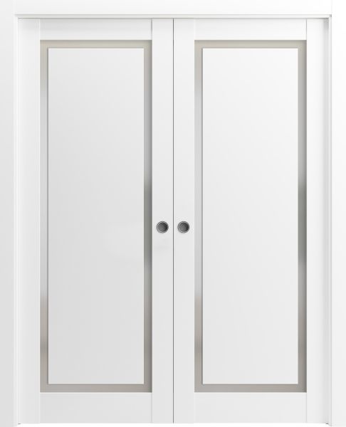 Modern Double Pocket Doors | Planum 0888 Painted White with Frosted Glass | Kit Trims Rail Hardware | Solid Wood Interior Bedroom Sliding Closet Sturdy Door-36" x 80" (2* 18x80)