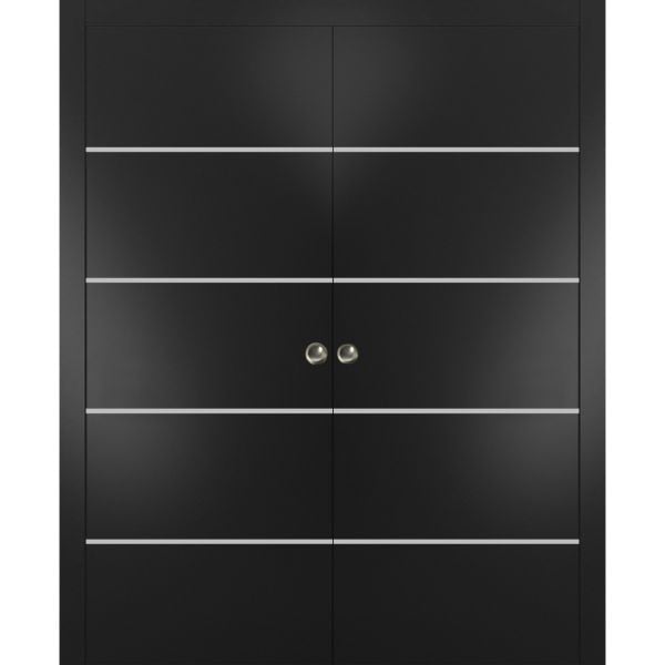 Sliding Double Pocket Door with Frames | Planum 0210 Matte Black | Kit Trims Rail Hardware | Solid Wood Interior Bedroom Bathroom Closet Sturdy Doors 