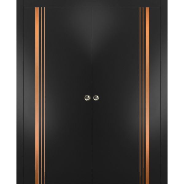 Sliding Double Pocket Door with Frames | Planum 1010 Matte Black | Kit Trims Rail Hardware | Solid Wood Interior Bedroom Bathroom Closet Sturdy Doors 