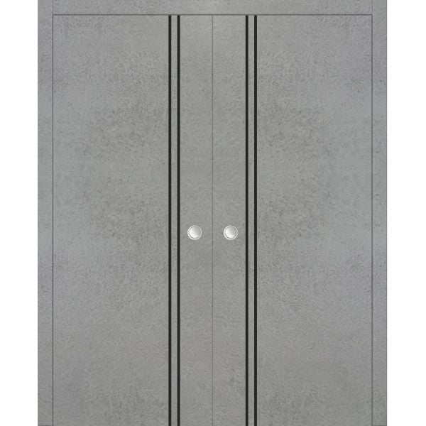 Modern Double Pocket Doors | Planum 0016 Concrete | Kit Trims Rail Hardware | Solid Wood Interior Bedroom Sliding Closet Sturdy Door