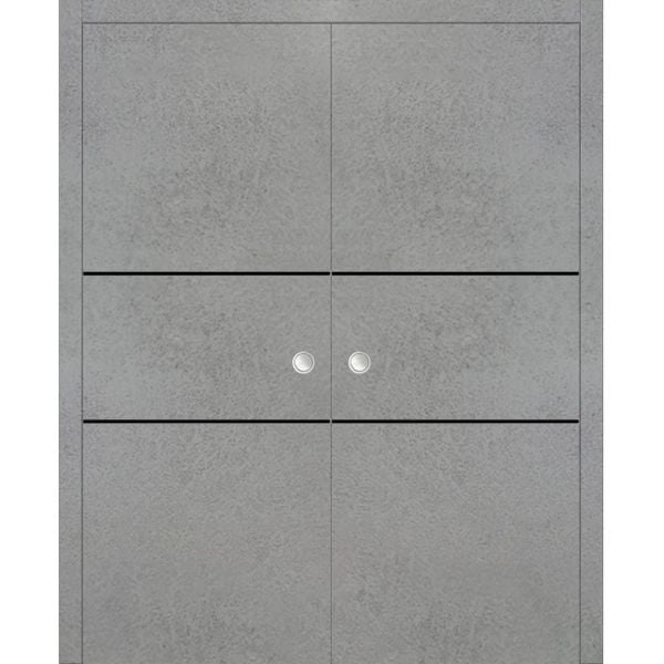 Modern Double Pocket Doors | Planum 0014 Concrete | Kit Trims Rail Hardware | Solid Wood Interior Bedroom Sliding Closet Sturdy Door