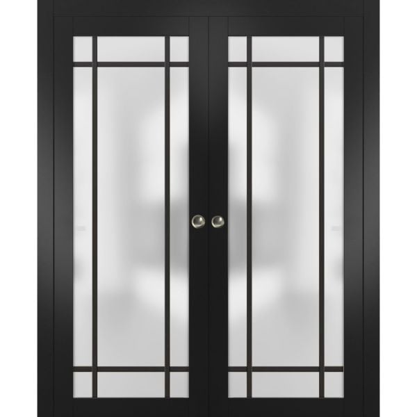 Sliding Double Pocket Door Frosted Tempered Glass | Planum 2112 Black Matte with Frosted Glass | Kit Trims Rail Hardware | Solid Wood Interior Bedroom Bathroom Closet Sturdy Doors 