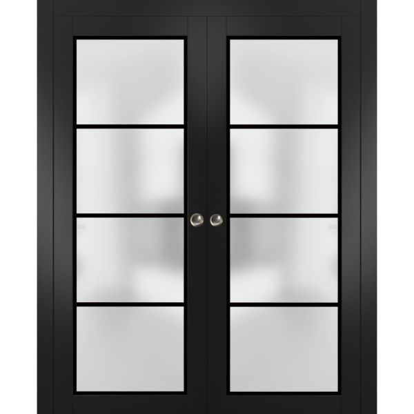 Sliding Double Pocket Door Frosted Tempered Glass | Planum 2132 Black Matte with Frosted Glass | Kit Trims Rail Hardware | Solid Wood Interior Bedroom Bathroom Closet Sturdy Doors 
