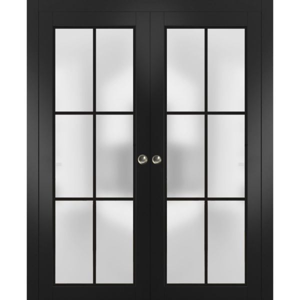 Sliding Double Pocket Door Frosted Tempered Glass | Planum 2122 Black Matte with Frosted Glass | Kit Trims Rail Hardware | Solid Wood Interior Bedroom Bathroom Closet Sturdy Doors 