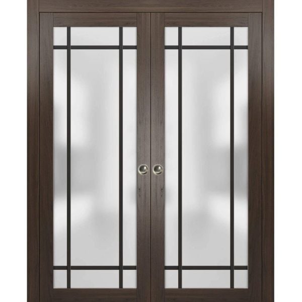 Sliding French Double Pocket Doors | Planum 2112 Chocolate Ash with Frosted Glass | Kit Trims Rail Hardware | Solid Wood Interior Bedroom Sturdy Doors