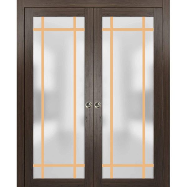Sliding French Double Pocket Doors | Planum 2113 Chocolate Ash with Frosted Glass | Kit Trims Rail Hardware | Solid Wood Interior Bedroom Sturdy Doors