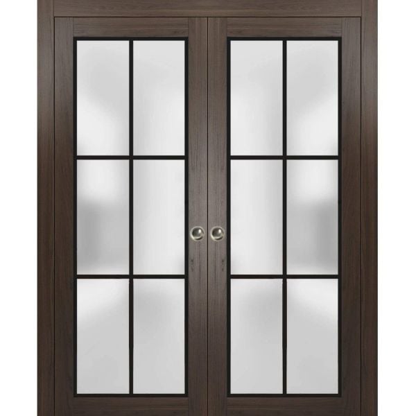 Sliding French Double Pocket Doors | Planum 2122 Chocolate Ash with Frosted Glass | Kit Trims Rail Hardware | Solid Wood Interior Bedroom Sturdy Doors