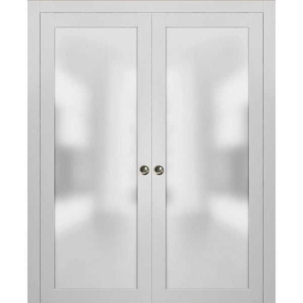 Sliding Double Pocket Door Frosted Tempered Glass | Planum 2102 White Silk | Kit Trims Rail Hardware | Solid Wood Interior Bedroom Bathroom Closet Sturdy Doors-36" x 80" (2* 18x80)-Frosted Glass