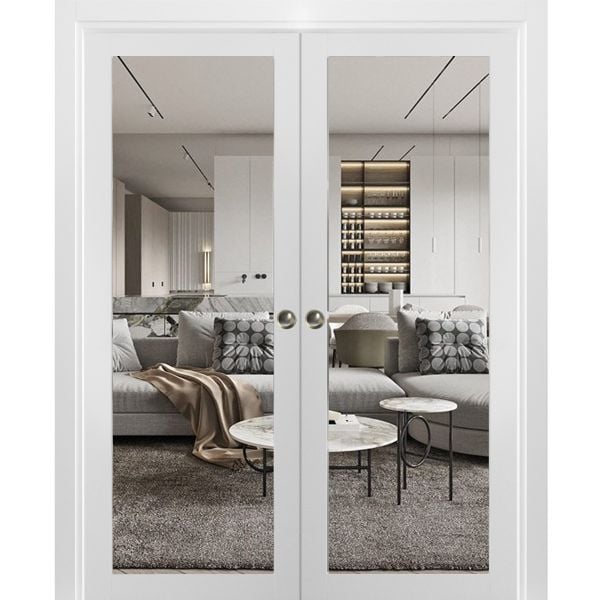 Sliding Double Pocket Door | Lucia 2166 White Silk with Clear Glass | Kit Trims Rail Hardware | Solid Wood Interior Bedroom Bathroom Closet Sturdy Doors