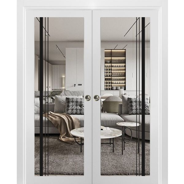 Sliding Double Pocket Door | Lucia 2566 White Silk with Clear Glass | Kit Trims Rail Hardware | Solid Wood Interior Bedroom Bathroom Closet Sturdy Doors