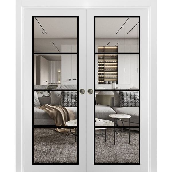 Sliding Double Pocket Door | Lucia 2466 White Silk with Clear Glass | Kit Trims Rail Hardware | Solid Wood Interior Bedroom Bathroom Closet Sturdy Doors