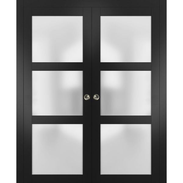 Sliding French Double Pocket Doors | Lucia 2552 Matte Black with Frosted Glass | Kit Trims Rail Hardware | Solid Wood Interior Bedroom Sturdy Doors-36" x 80" (2* 18x80)-Frosted Glass