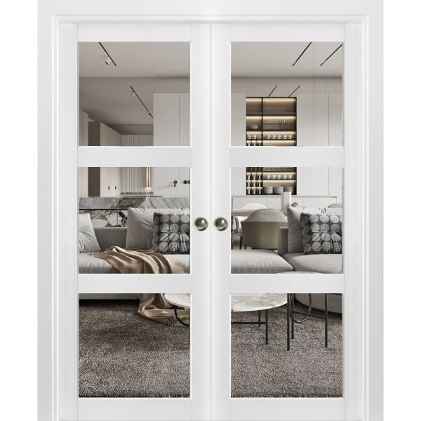 Sliding French Double Pocket Doors Clear Glass 3 Lites | Lucia 2555 White Silk | Kit Trims Rail Hardware | Solid Wood Interior Bedroom Sturdy Doors