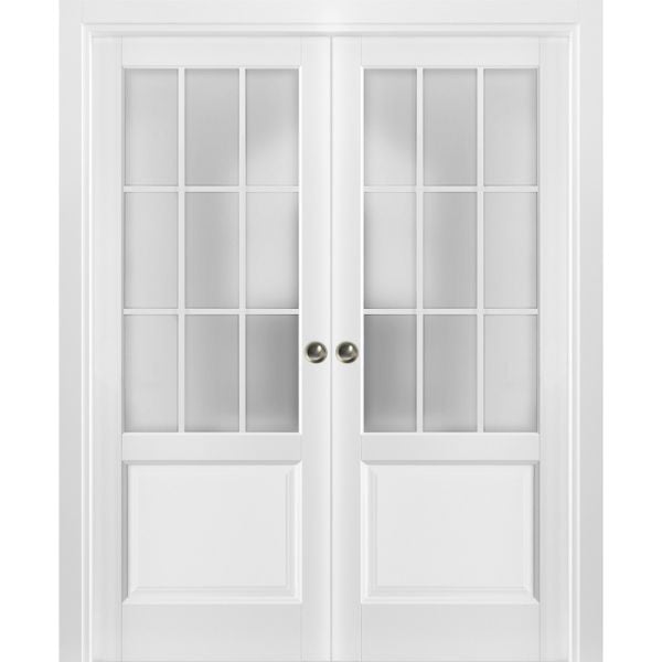 Sliding French Double Pocket Doors | Felicia 3309 White Silk with Frosted Glass | Kit Trims Rail Hardware | Solid Wood Interior Bedroom Sturdy Doors