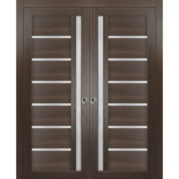 Sliding French Double Pocket Doors | Quadro 4088 Chocolate Ash with Frosted Glass | Kit Trims Rail Hardware | Solid Wood Interior Bedroom Sturdy Doors