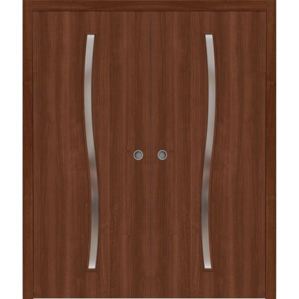 Sliding French Double Pocket Doors 84 x 84 inches | BASIC 3002 Walnut | Kit Rail Hardware | Solid Wood Interior Bedroom Modern Doors