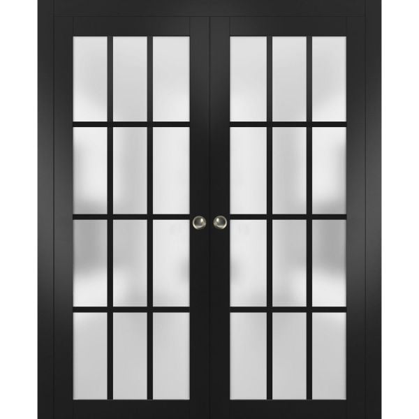 Sliding French Double Pocket Doors Frosted Glass 12 Lites | Felicia 3312 Matte Black | Kit Trims Rail Hardware | Solid Wood Interior Bedroom Sturdy Doors -36" x 80" (2* 18x80)