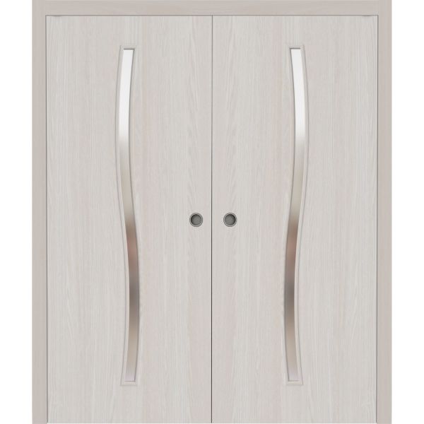 Sliding French Double Pocket Doors 36 x 80 inches | BASIC 3002 Ash | Kit Rail Hardware | Solid Wood Interior Bedroom Modern Doors