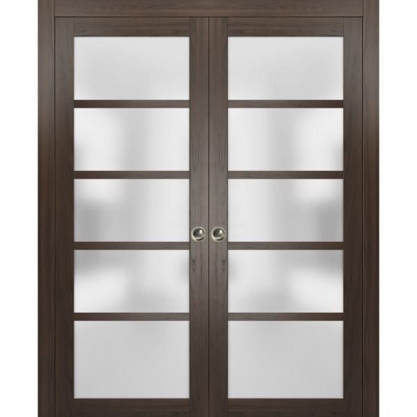 Sliding French Double Pocket Doors with Frosted Glass | Quadro 4002 Chocolate Ash | Kit Trims Rail Hardware | Solid Wood Interior Bedroom Sturdy Doors
