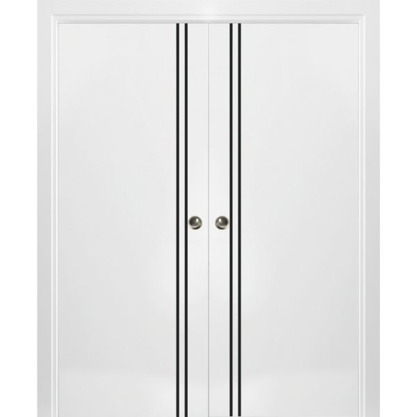 Sliding Double Pocket Door with Frames | Planum 0016 White Silk | Kit Trims Rail Hardware | Solid Wood Interior Bedroom Bathroom Closet Sturdy Doors