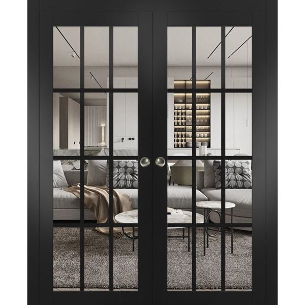 Sliding French Double Pocket Doors | Felicia 3355 Matte Black with Clear Glass | Kit Trims Rail Hardware | Solid Wood Interior Bedroom Sturdy Doors-36" x 80" (2* 18x80)