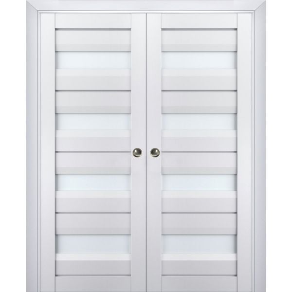 Sliding French Double Pocket Doors | Veregio 7455 White Silk with Frosted Glass | Kit Trims Rail Hardware | Solid Wood Interior Bedroom Sturdy Doors