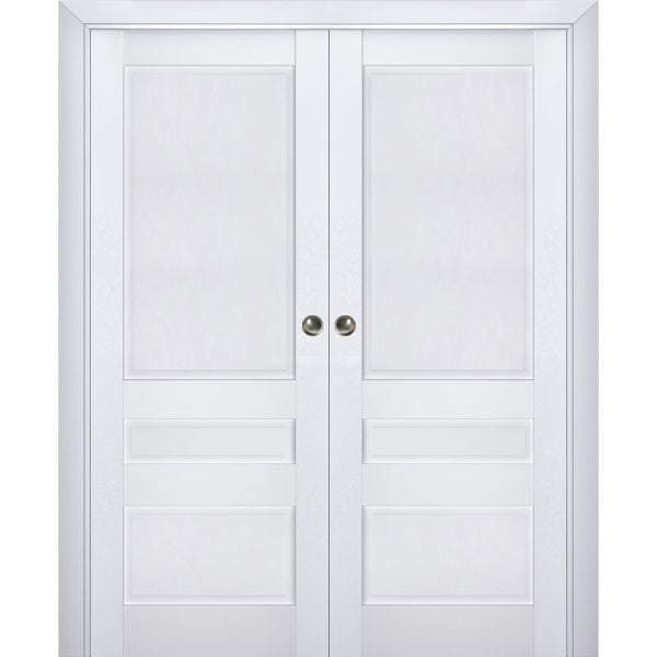 Sliding French Double Pocket Doors | Veregio 7411 White Silk | Kit Trims Rail Hardware | Solid Wood Interior Bedroom Sturdy Doors
