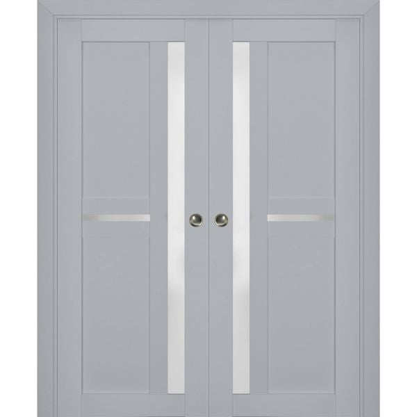 Sliding French Double Pocket Doors with Frosted Glass | Veregio 7288 Matte Grey | Kit Trims Rail Hardware | Solid Wood Interior Bedroom Sturdy Doors