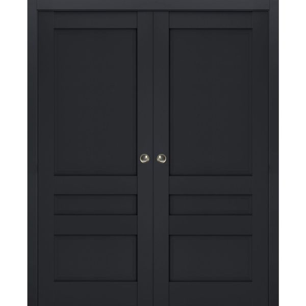 Sliding French Double Pocket Doors | Veregio 7411 Antracite | Kit Trims Rail Hardware | Solid Wood Interior Bedroom Sturdy Doors