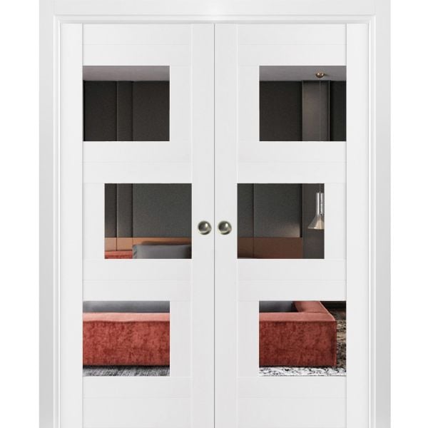 Sliding French Double Pocket Doors / Sete 6999 White Silk with Mirror / Kit Rail Hardware / MDF Interior Bedroom Modern Doors