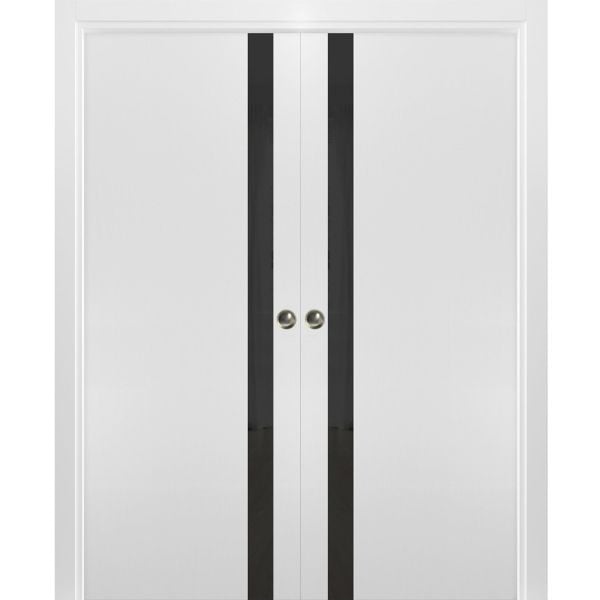 Sliding French Double Pocket Doors | Planum 0440 White Silk with Black Glass | Kit Trims Rail Hardware | Solid Wood Interior Bedroom Sturdy Doors
