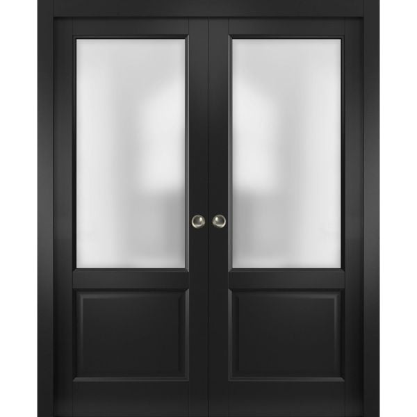 Sliding French Double Pocket Doors 36 x 80 inches | Lucia 22 Matte Black with Rain Glass | Kit Trims Rail Hardware | Solid Wood Interior Bedroom Sturdy Doors
