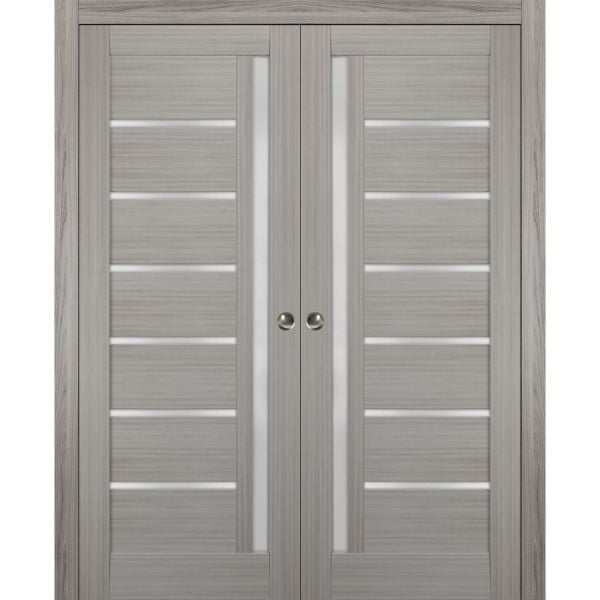 Sliding French Double Pocket Doors | Quadro 4088 Grey Ash with Frosted Glass | Kit Trims Rail Hardware | Solid Wood Interior Bedroom Sturdy Doors
