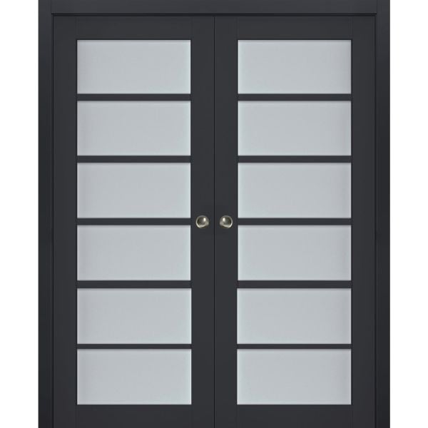 Sliding French Double Pocket Doors | Veregio 7602 Antracite with Frosted Glass | Kit Trims Rail Hardware | Solid Wood Interior Bedroom Sturdy Doors